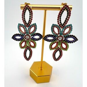 Extra Large Multi Color Rhinestone Flower Gold Toned Statement Earrings